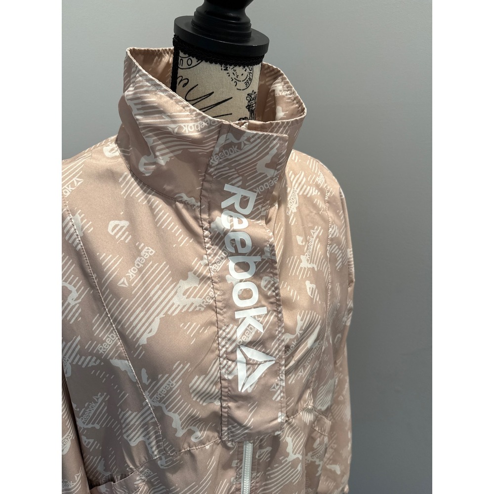 Reebok Lightweight Windbreaker Jacket All Over‎ Logo Print Mock Neck Zip Up - Picture 2 of 6
